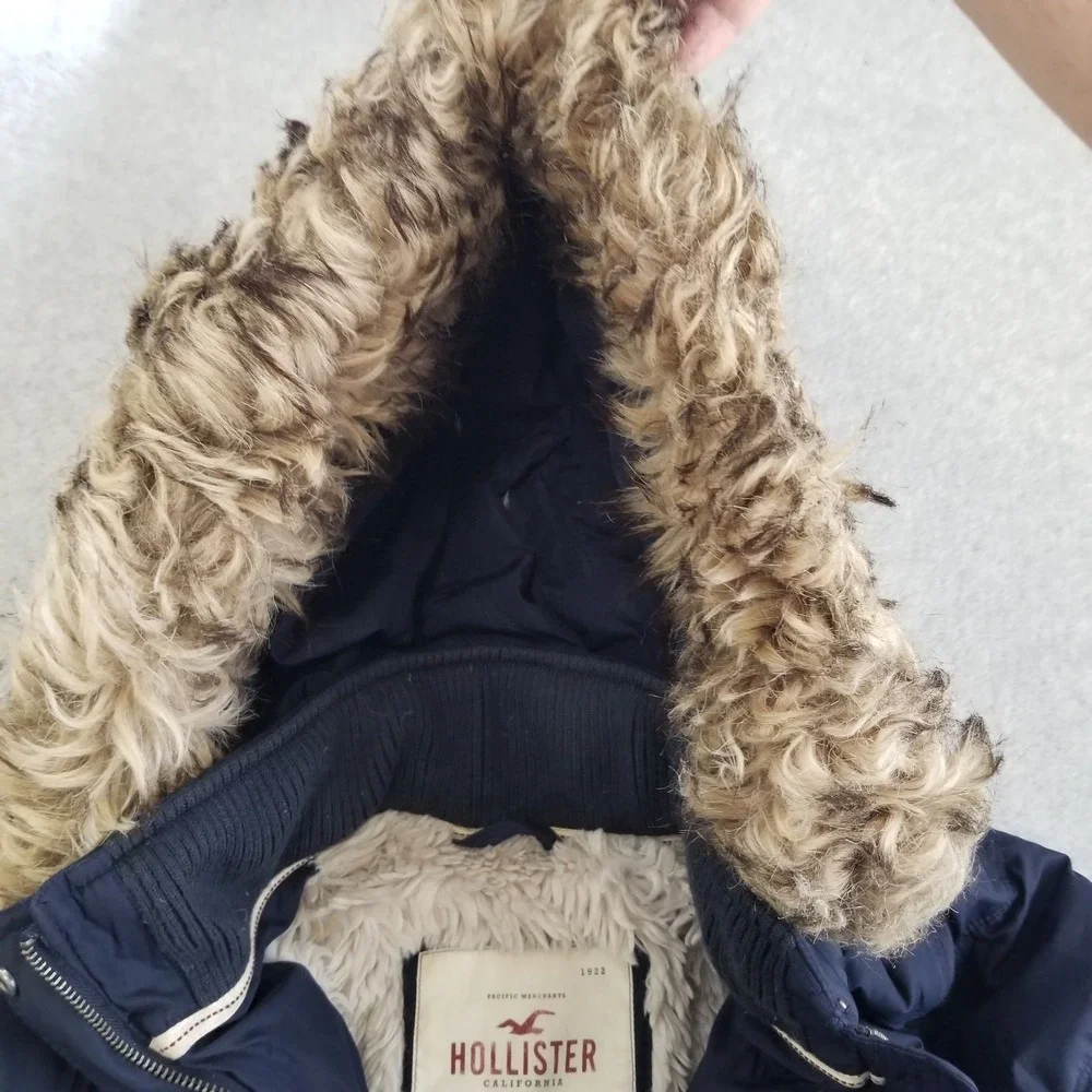 Y2K Hollister Jacket Womens Small Blue Faux Fur Hooded Down Coat Vintage Sherpa‎